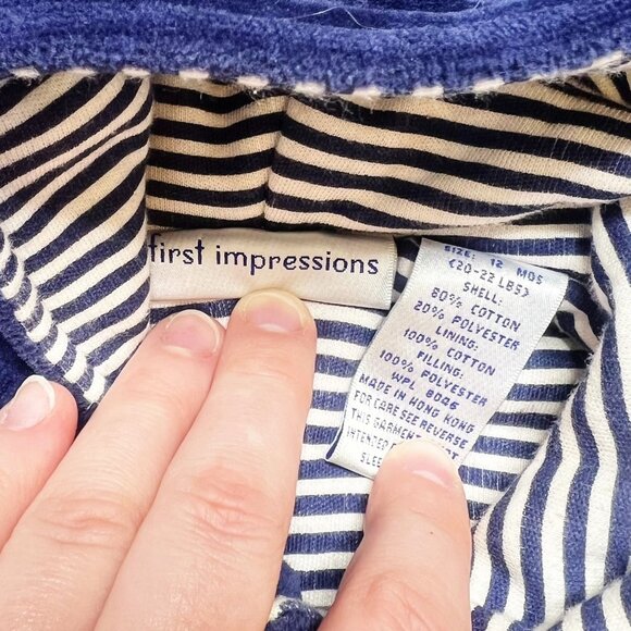 First Impressions Bodysuit Bunting Baby Size 12 Months Blue Velvet Hooded Ears - Picture 3 of 5